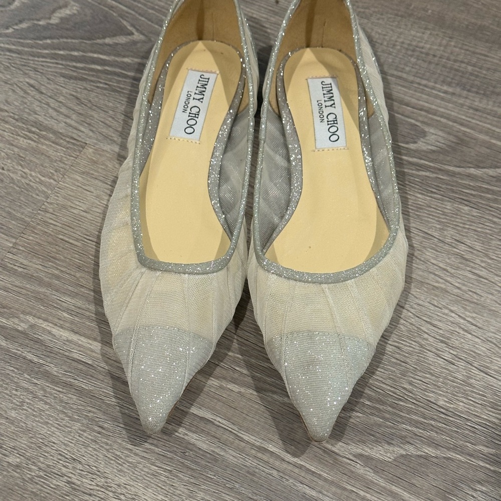 Jimmy Choo Silver and Cream Flats with Pointed Toe